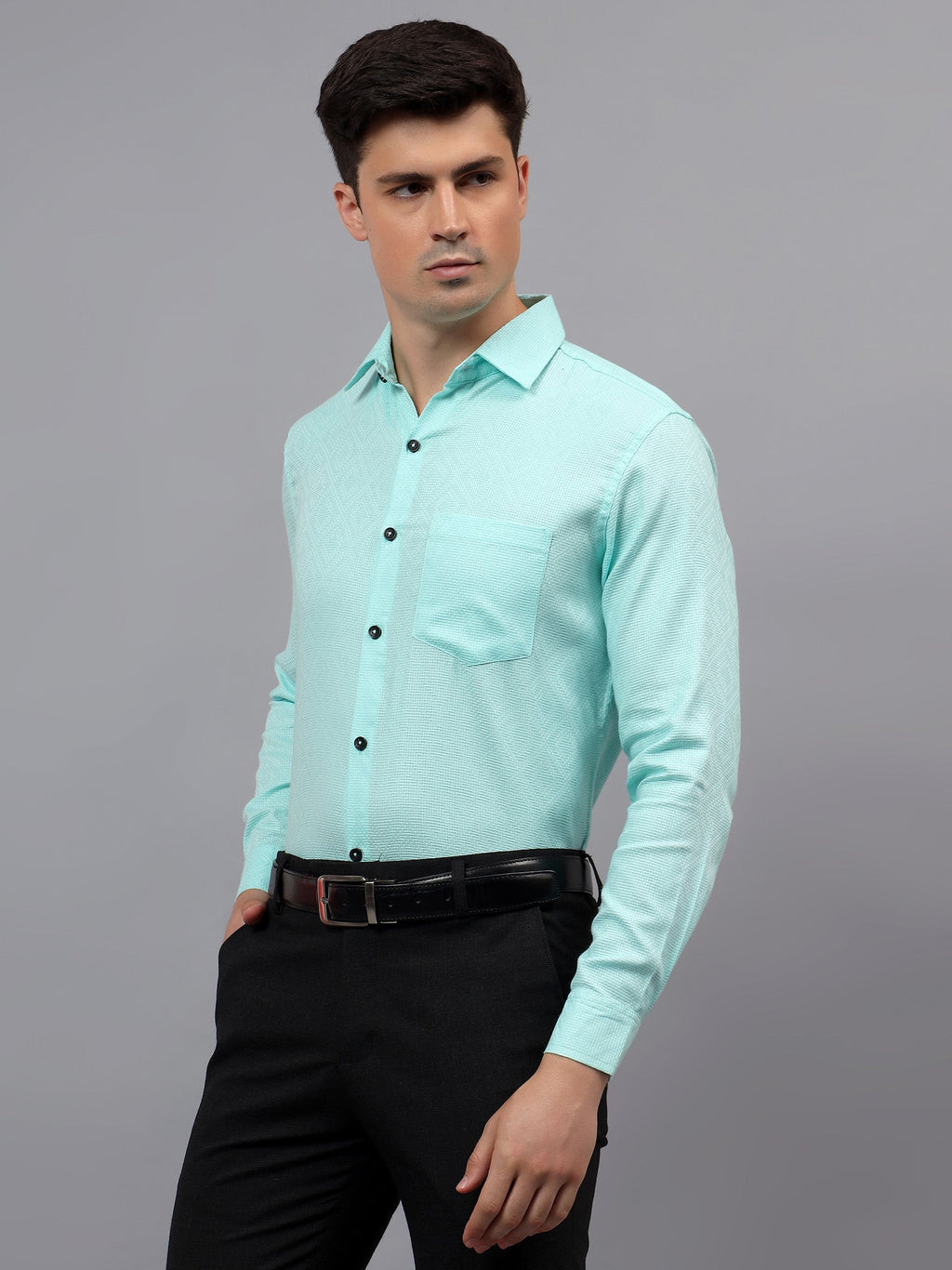 Men's Full Sleeve Spread Collar Premium Casual Shirt for Men in Black by BLUE ROBED, side view