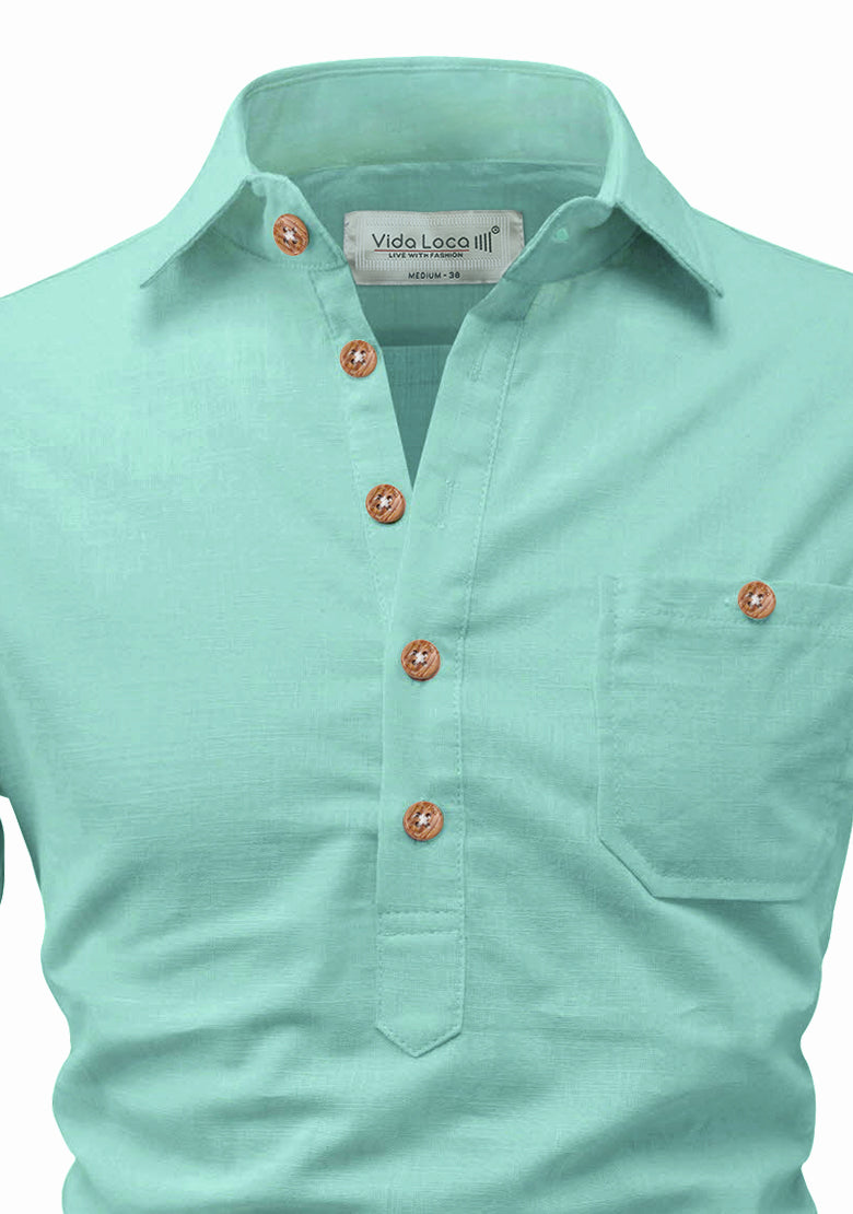 BLUE ROBED men's Full Sleeve Casual Cotton Kurta in Pista view 110