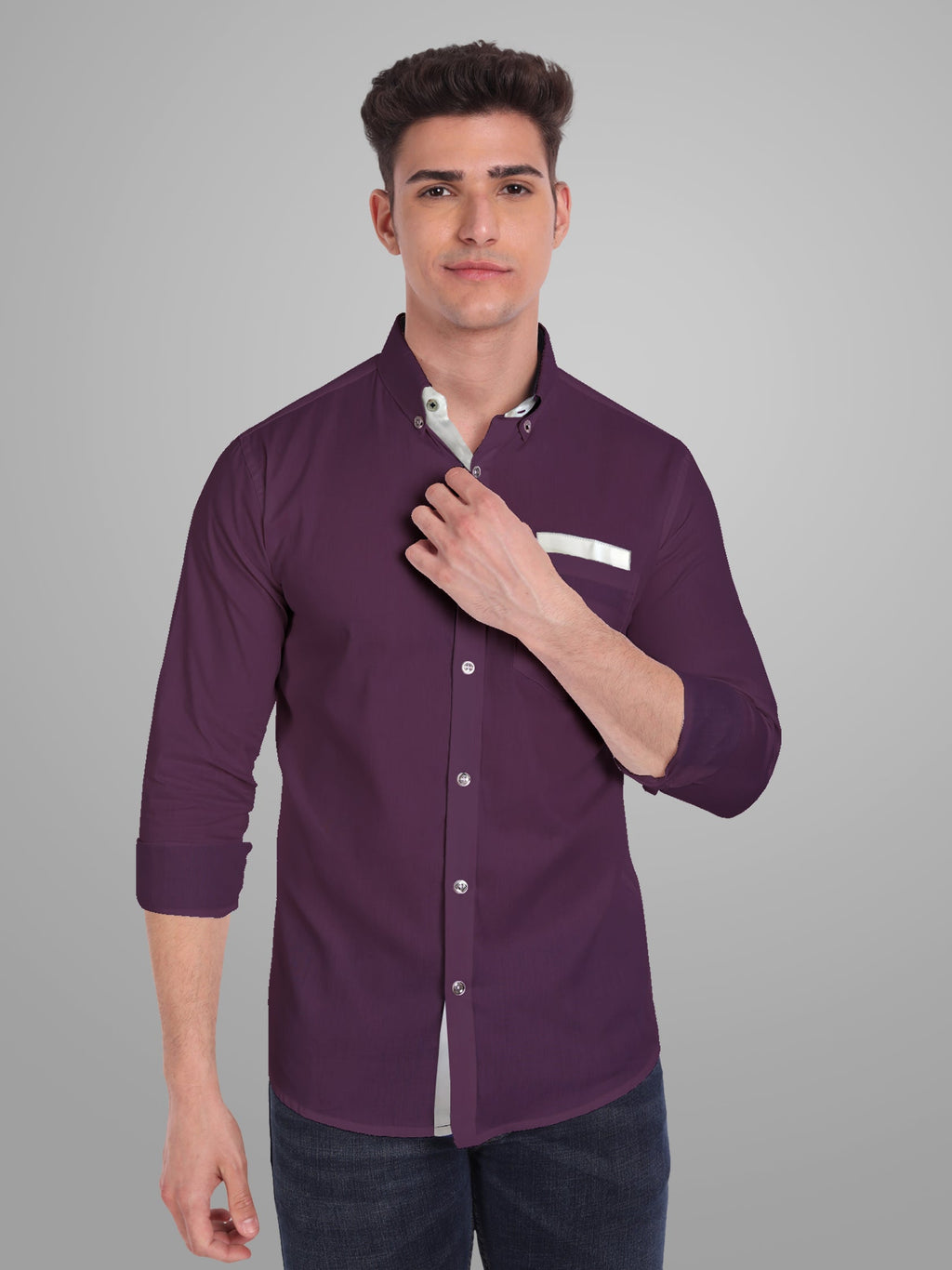 Men's Casual Full Sleeve Silver Button Shirt in White by BLUE ROBED, side view