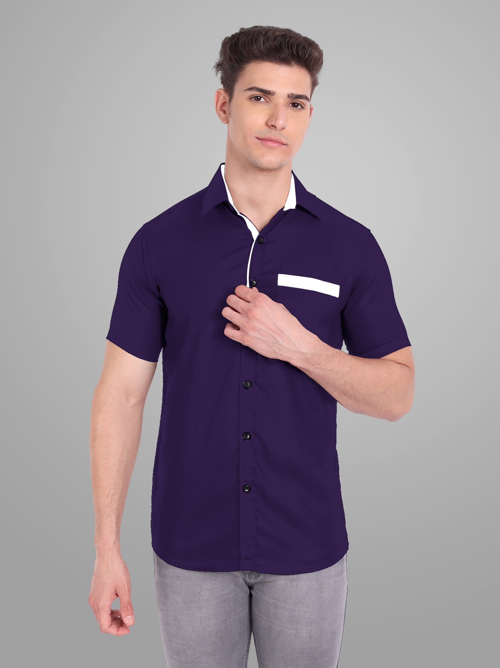 Men's Casual Half Sleeve Silver Button Shirt in Black by BLUE ROBED, detail view