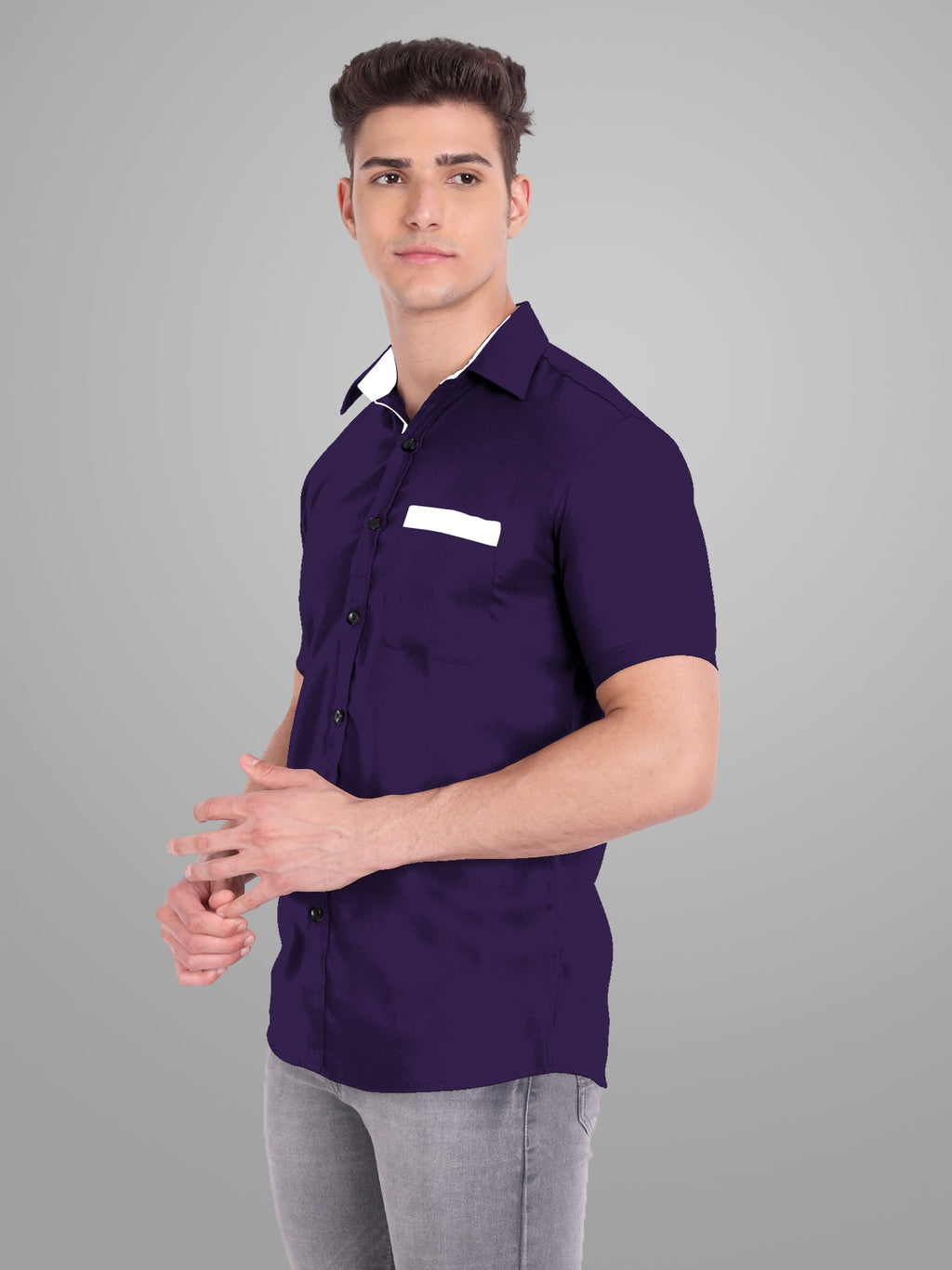 Men's Casual Half Sleeve Silver Button Shirt in Black by BLUE ROBED, style view