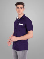 Men's Casual Half Sleeve Silver Button Shirt in Black by BLUE ROBED, style view