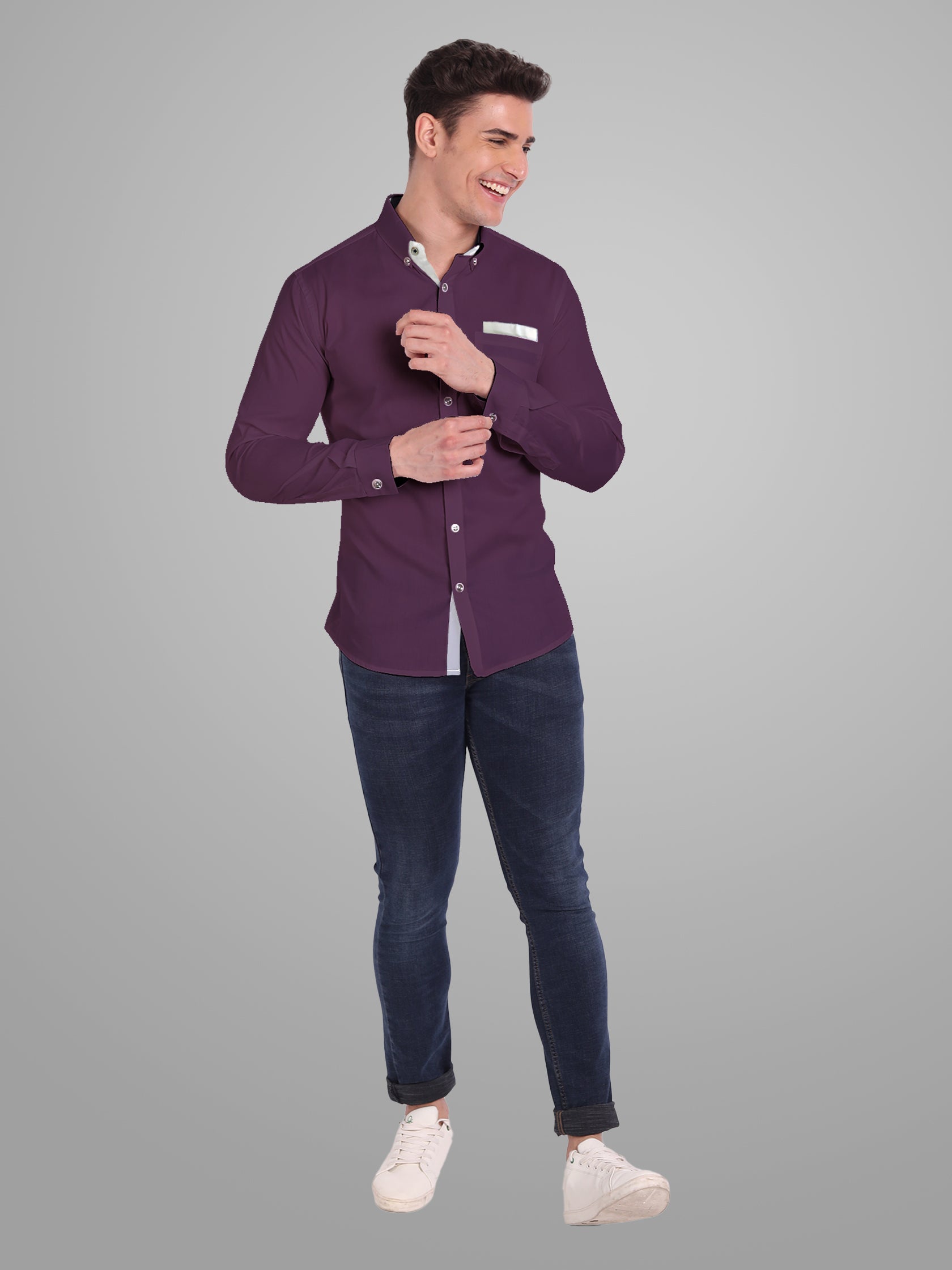 Men's Casual Full Sleeve Silver Button Shirt in White by BLUE ROBED, fit view