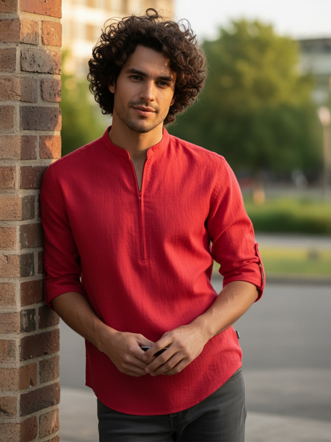BLUE ROBED Full Sleeve Kurta for men Daily Wear in Red view 6