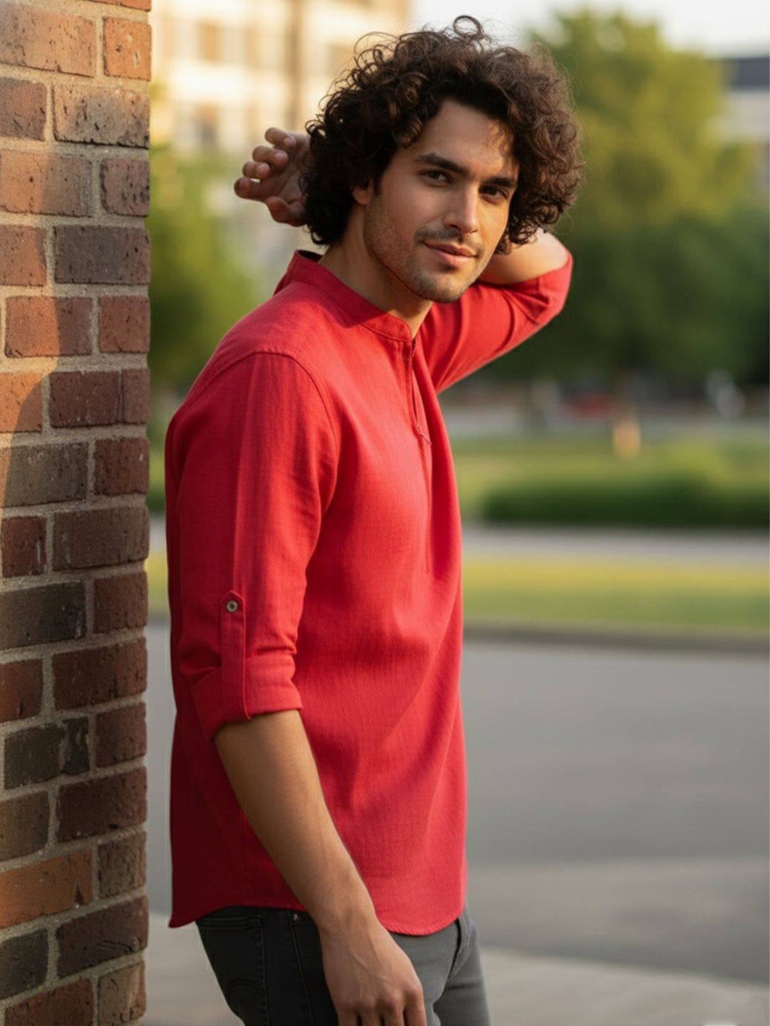 BLUE ROBED Full Sleeve Kurta for men Daily Wear in Red view 39