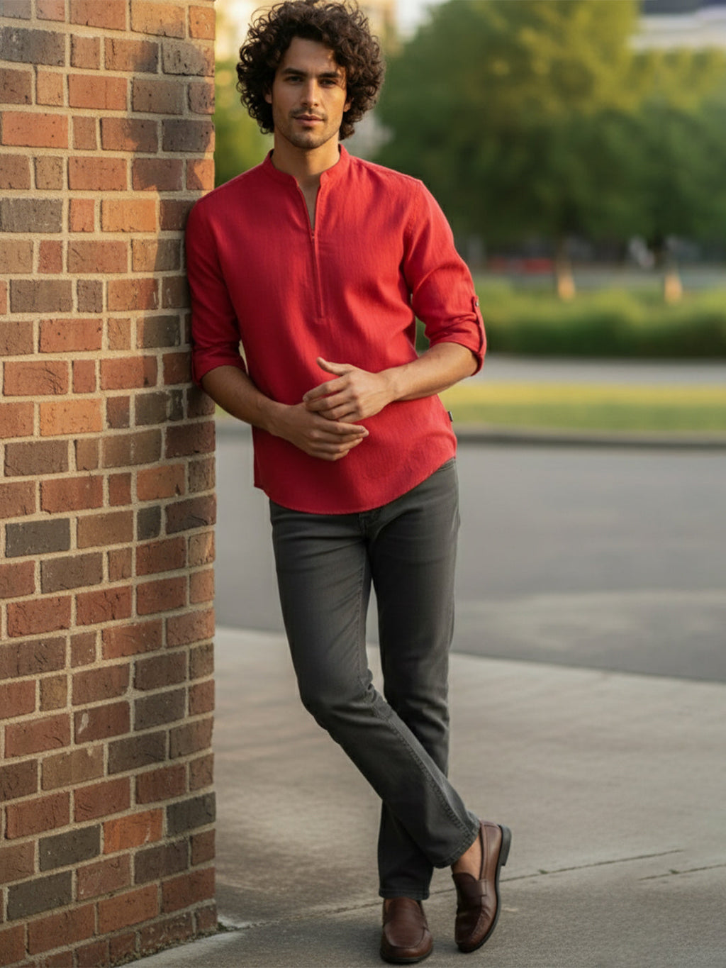 BLUE ROBED Full Sleeve Kurta for men Daily Wear in Red view 41