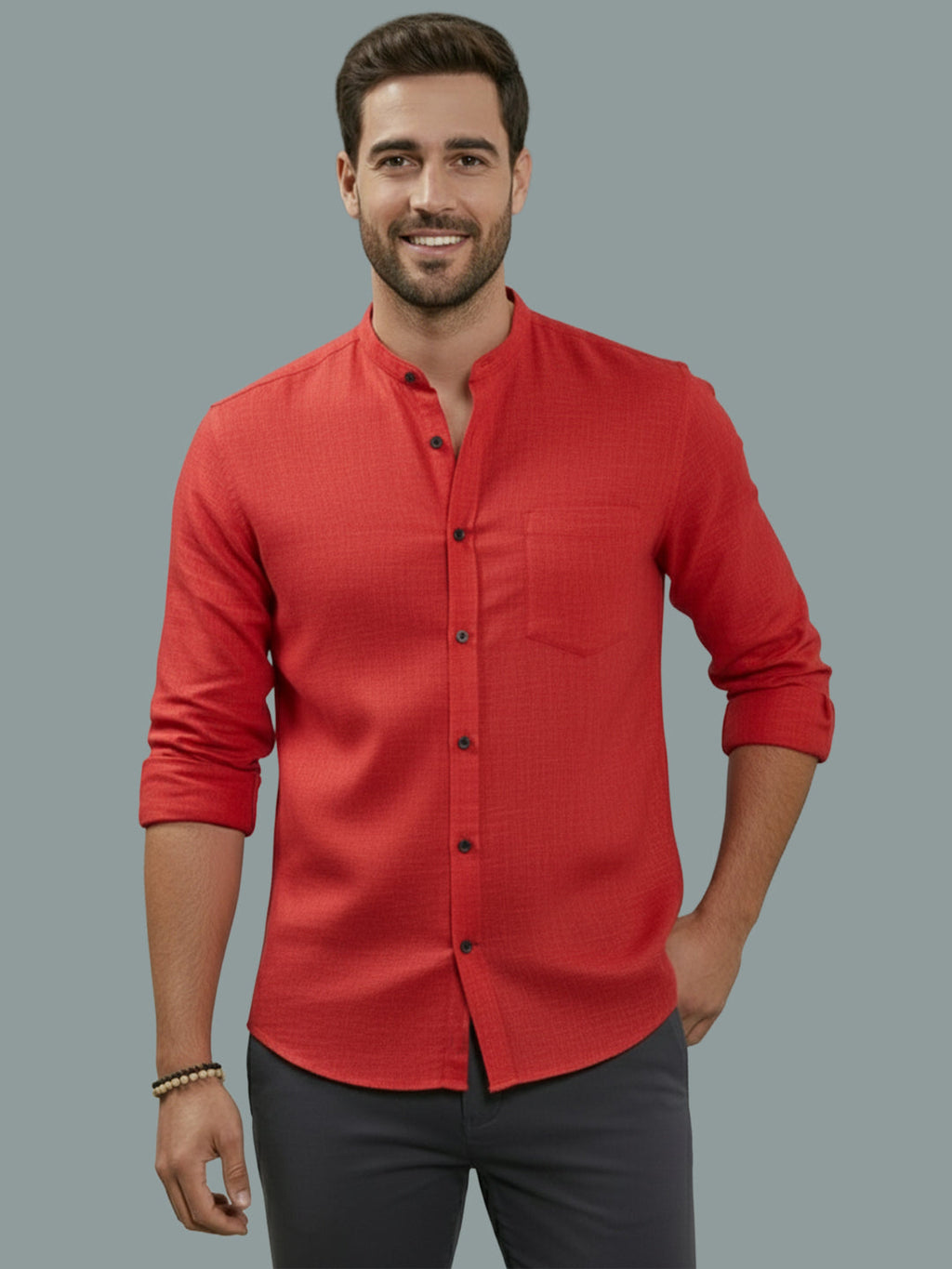 Full Sleeve Chinese Collar Cotton Slim Shirt for Men and Boys in Shirt For Men And Pink by BLUE ROBED, style view