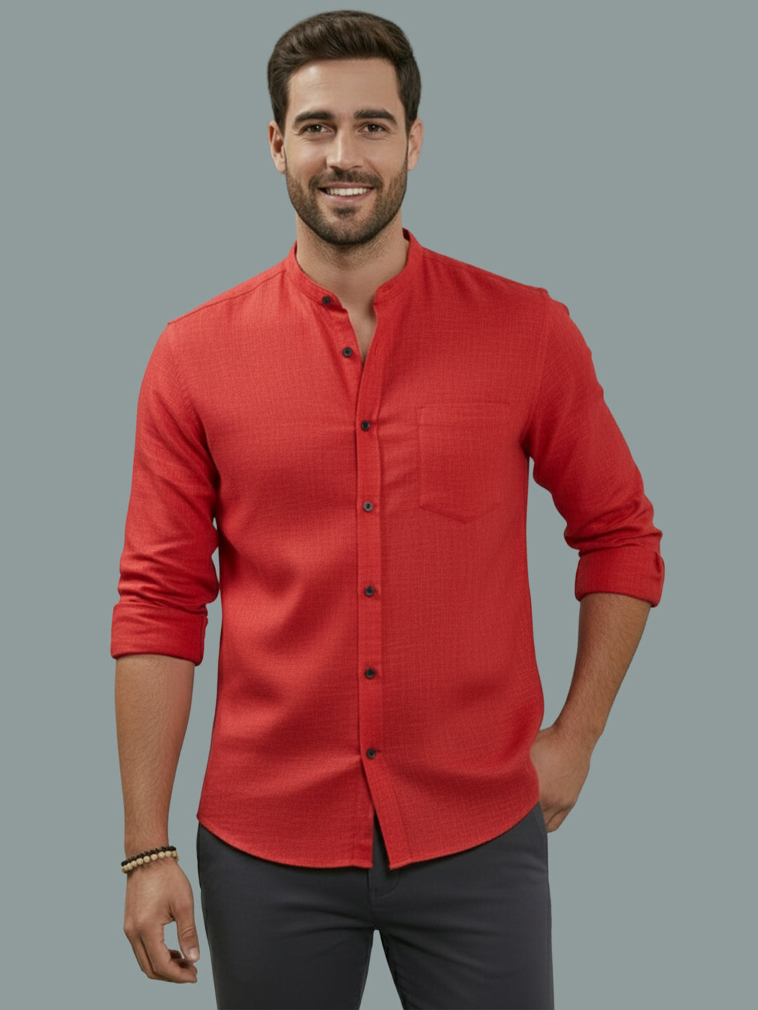 Full Sleeve Chinese Collar Cotton Slim Shirt for Men and Boys in Shirt For Men And Pink by BLUE ROBED, style view
