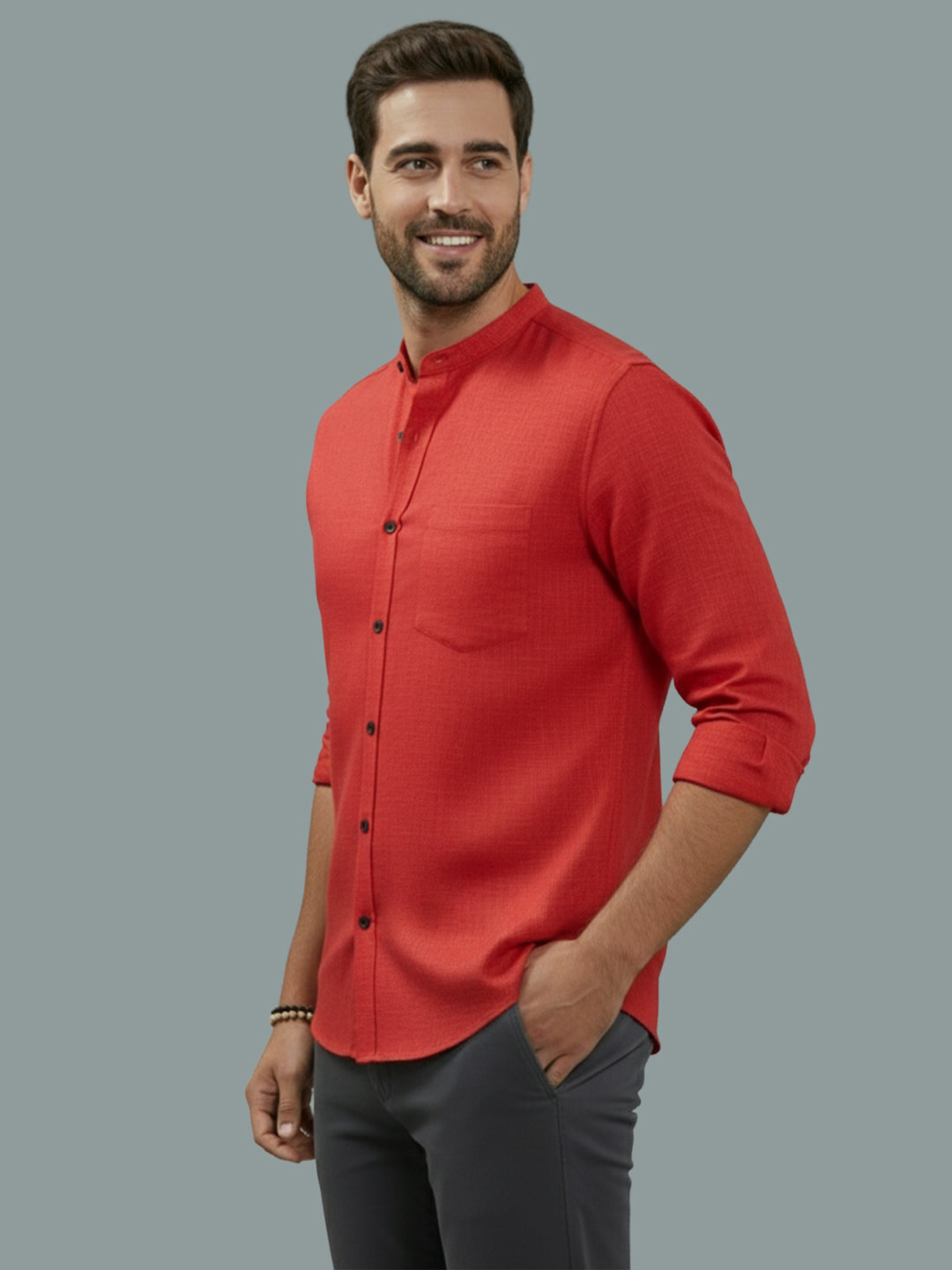 Full Sleeve Chinese Collar Cotton Slim Shirt for Men and Boys in Shirt For Men And Pink by BLUE ROBED, side view