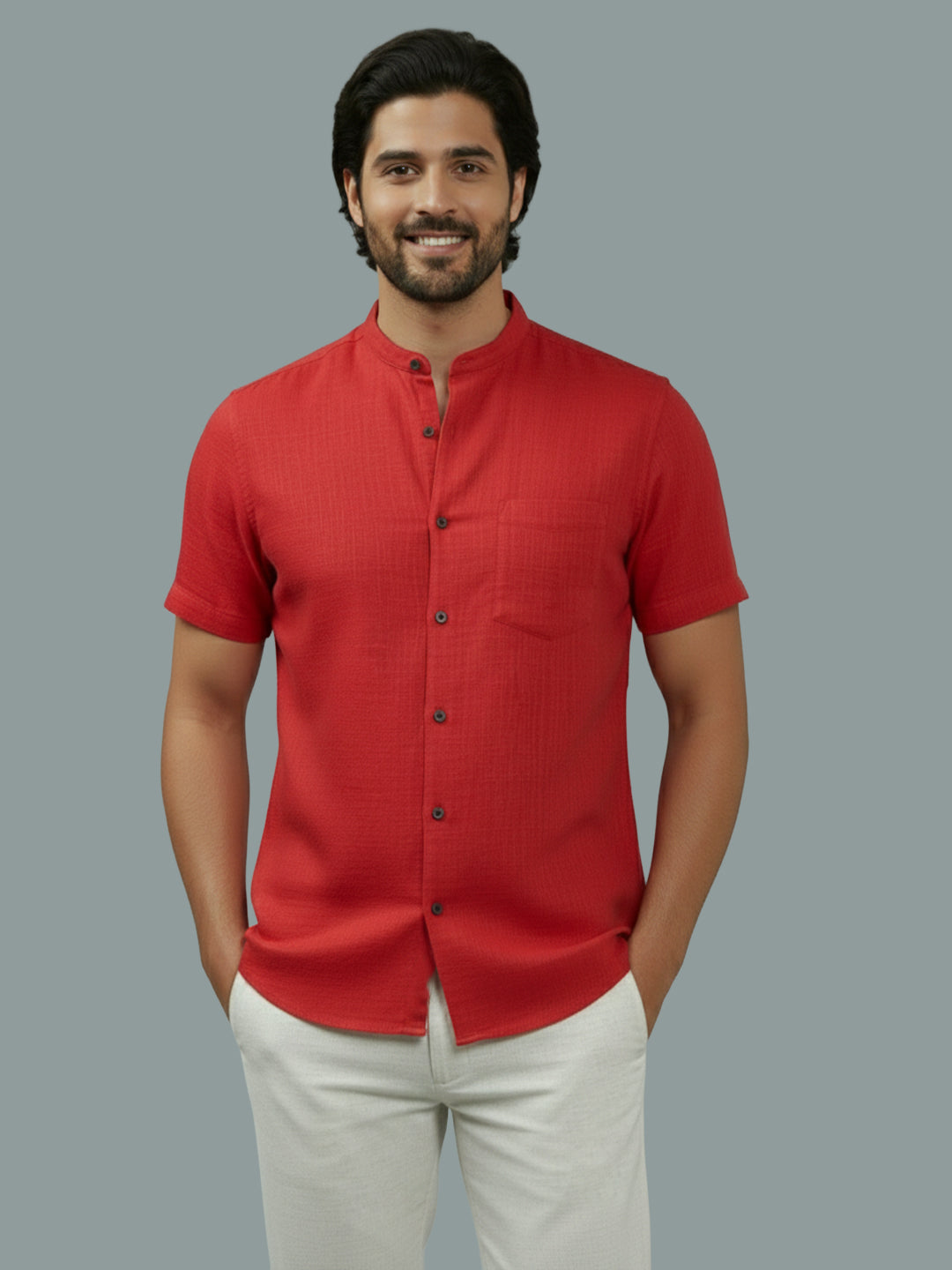 Half Sleeve Chinese Collar Cotton Slim Shirt for Men and Boys in Shirt For Men And White by BLUE ROBED, front view