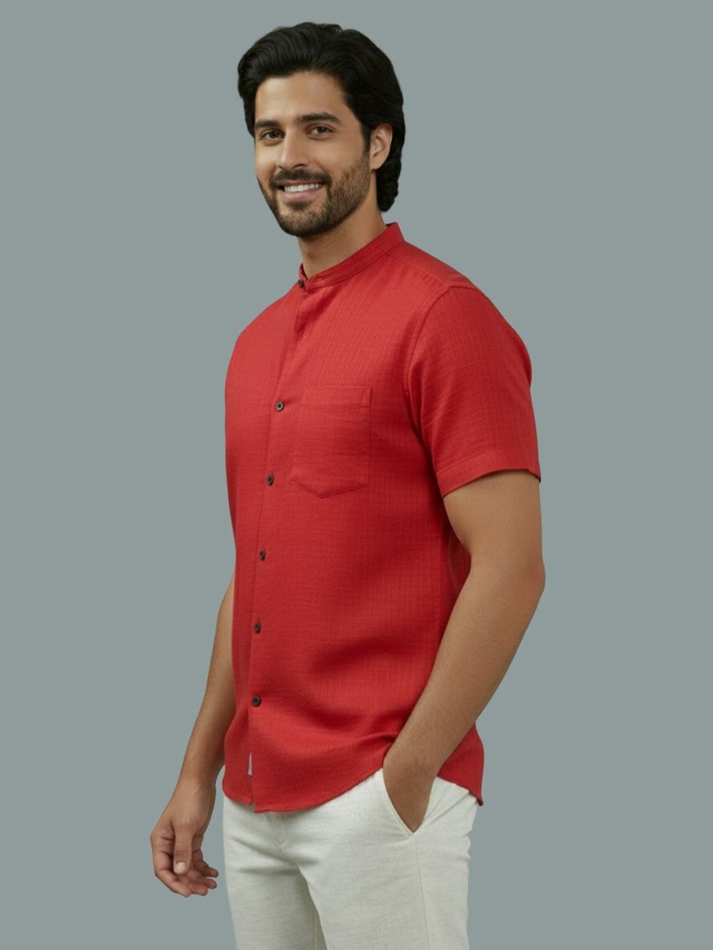 Half Sleeve Chinese Collar Cotton Slim Shirt for Men and Boys in Shirt For Men And White by BLUE ROBED, back view