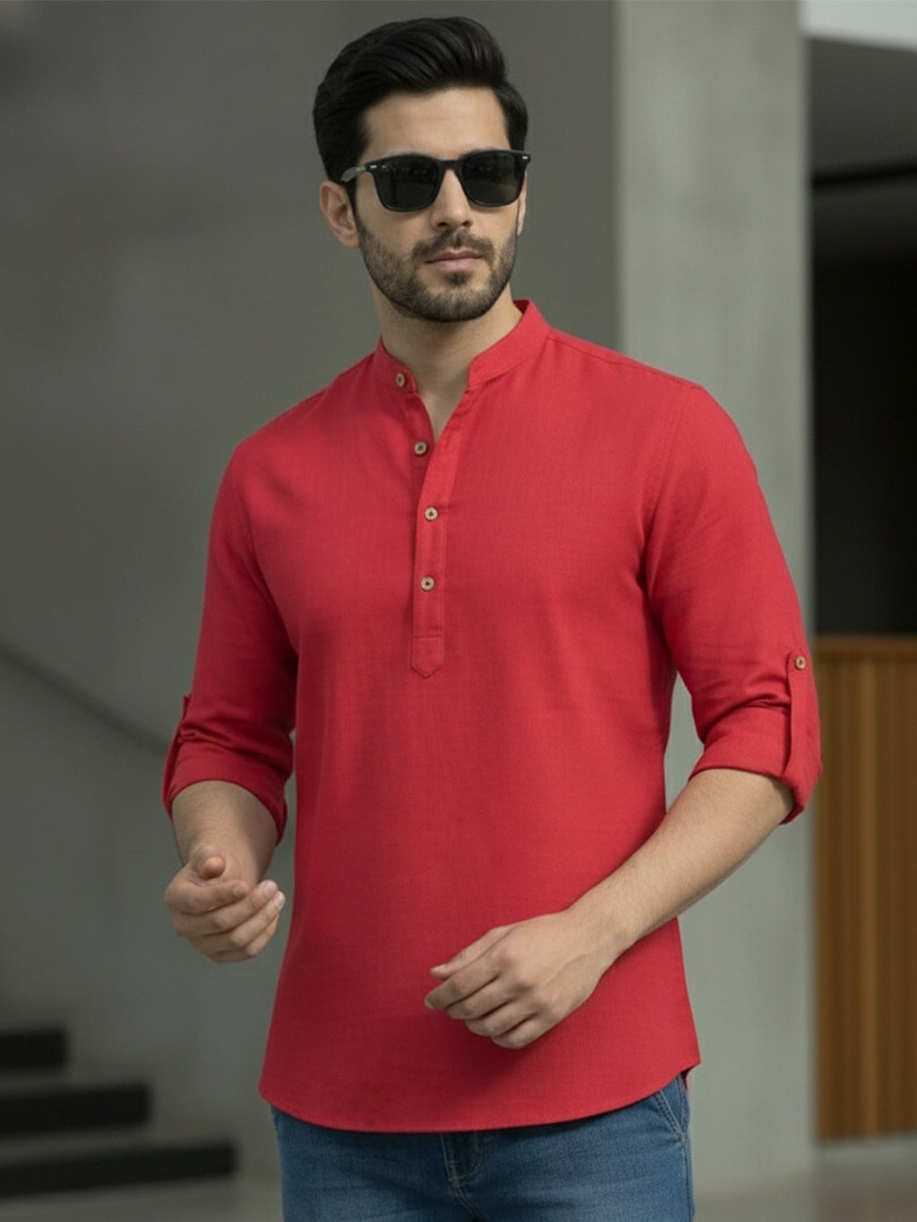 BLUE ROBED Full Sleeve Kurta for men Office Wear in Red view 41
