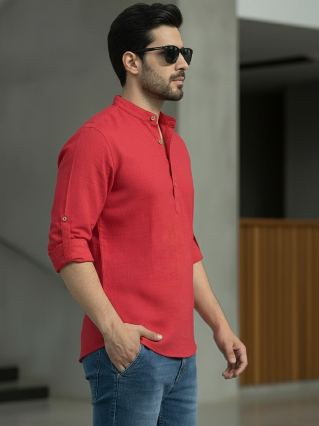 BLUE ROBED Full Sleeve Kurta for men Office Wear in Red view 44