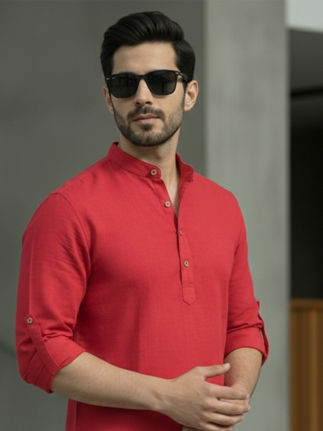 BLUE ROBED Full Sleeve Kurta for men Office Wear in Red view 45
