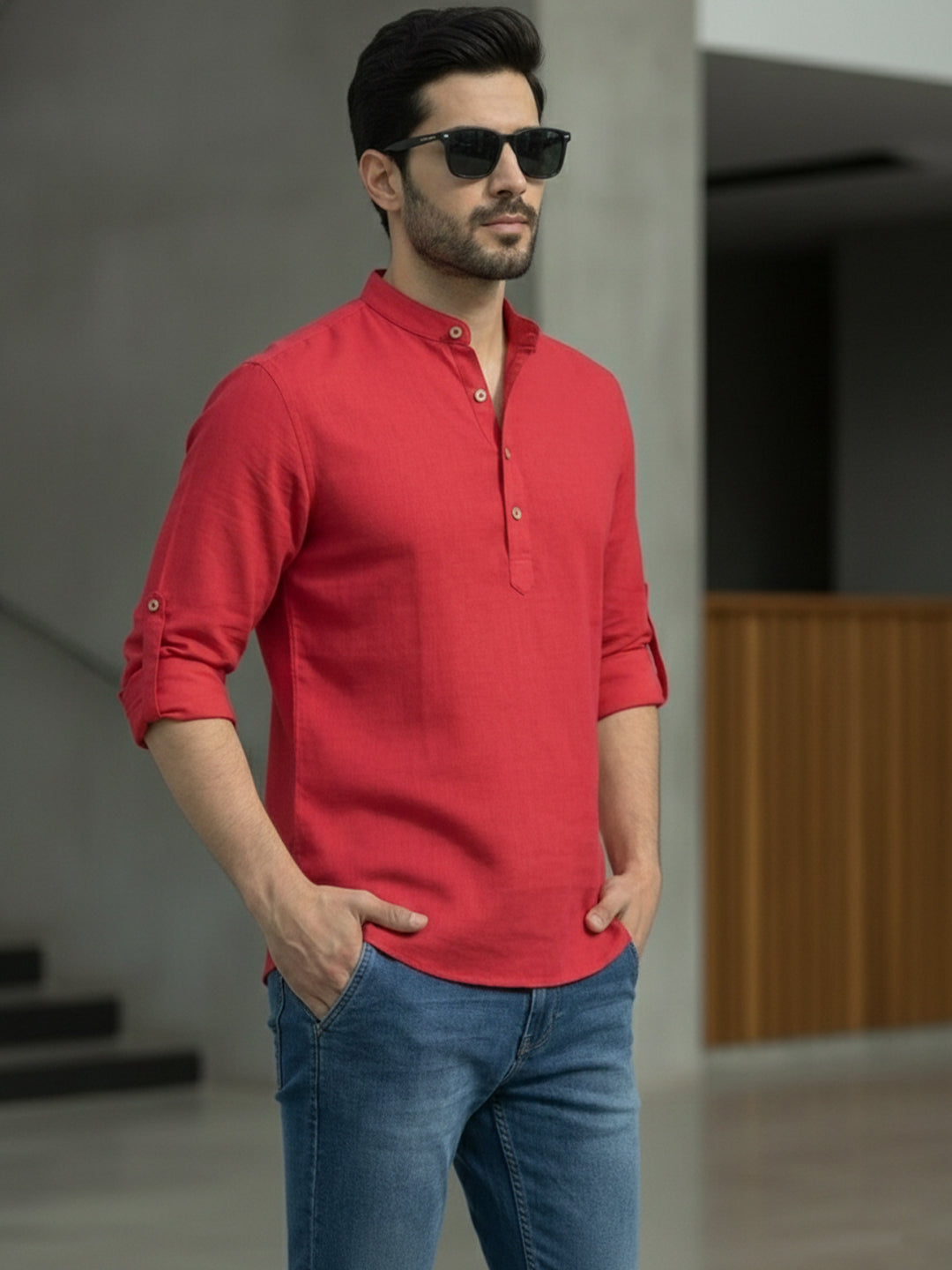 BLUE ROBED Full Sleeve Kurta for men Office Wear in Red view 43