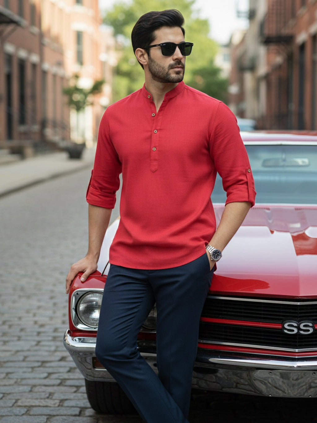 BLUE ROBED Full Sleeve Kurta for men Office Wear in Red view 40