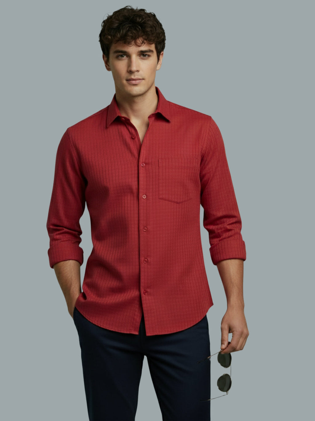 Men's Full Sleeve Spread Collar Premium Casual Shirt for Men Daily Wear in Black by BLUE ROBED, front view