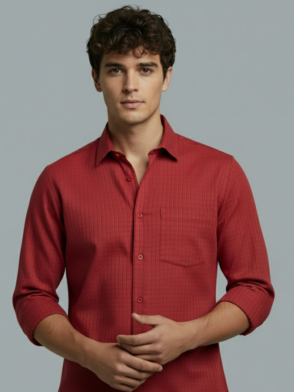 Men's Full Sleeve Spread Collar Premium Casual Shirt for Men Daily Wear in Black by BLUE ROBED, front view