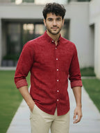 Men's Full Sleeve Spread Collar Cotton Slim Fit Printed Shirt in Red by BLUE ROBED, detail view