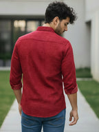 Men's Full Sleeve Spread Collar Cotton Slim Fit Printed Shirt in Red by BLUE ROBED, fabric detail