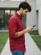 Men's Full Sleeve Spread Collar Cotton Slim Fit Printed Shirt in Red by BLUE ROBED, style view