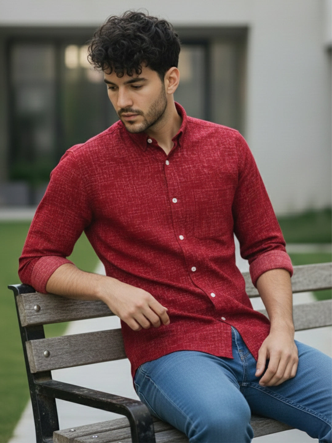 Men's Full Sleeve Spread Collar Cotton Slim Fit Printed Shirt in Red by BLUE ROBED