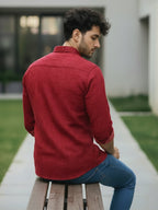 Men's Full Sleeve Spread Collar Cotton Slim Fit Printed Shirt in Red by BLUE ROBED, view