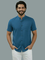 Half Sleeve Chinese Collar Cotton Slim Shirt for Men and Boys in Shirt For Men And White by BLUE ROBED, fabric detail