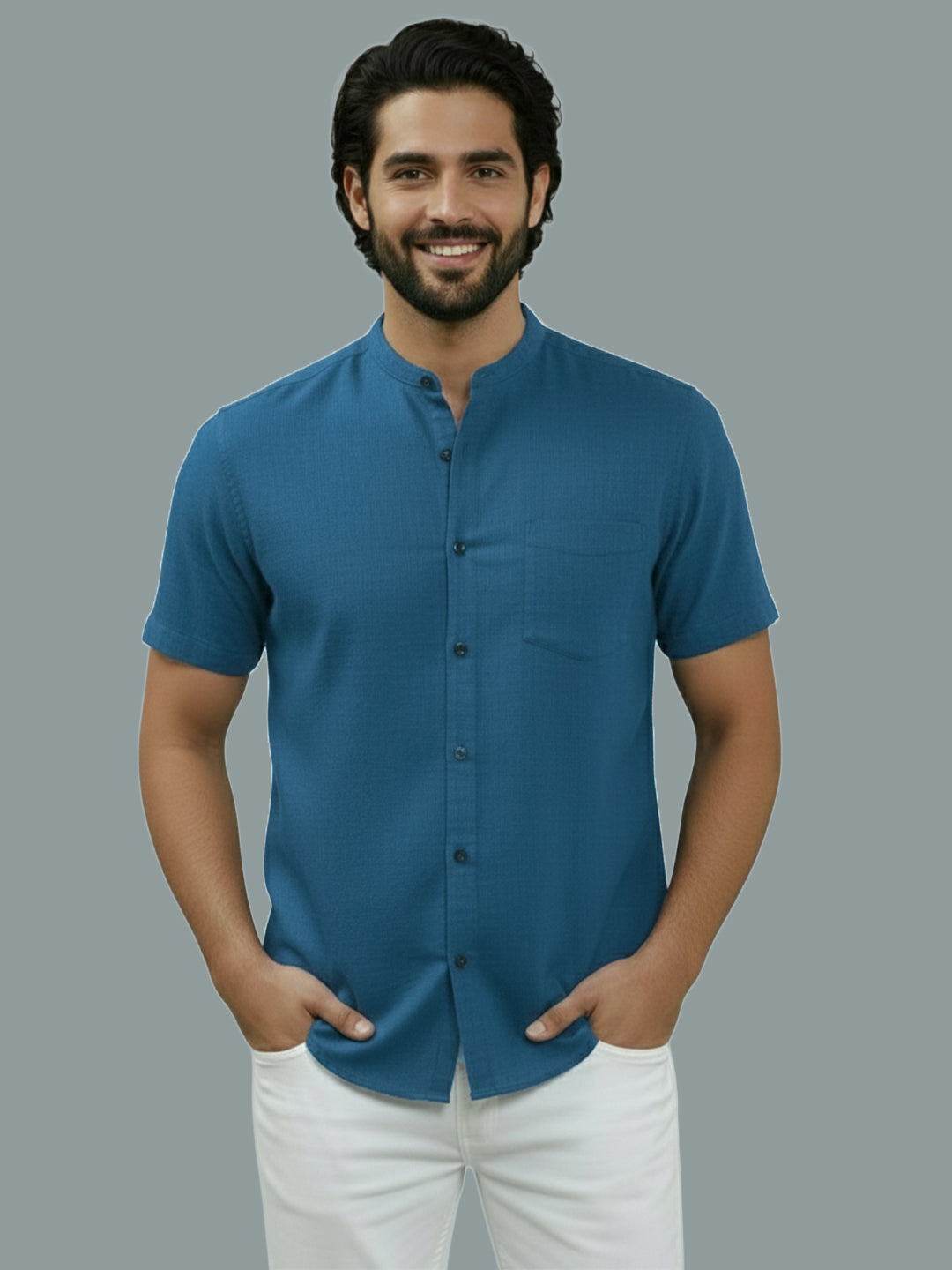 Half Sleeve Chinese Collar Cotton Slim Shirt for Men and Boys in Shirt For Men And White by BLUE ROBED, fabric detail