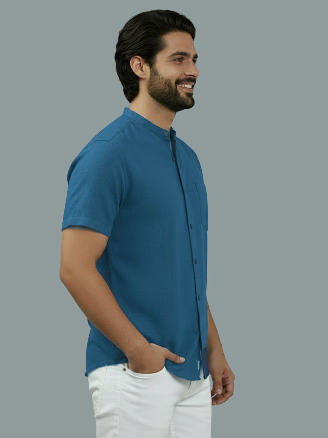 Half Sleeve Chinese Collar Cotton Slim Shirt for Men and Boys in Shirt For Men And White by BLUE ROBED, side view