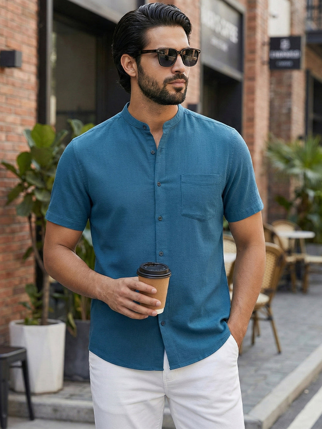 Half Sleeve Chinese Collar Cotton Slim Shirt for Men and Boys in Shirt For Men And White by BLUE ROBED, side view