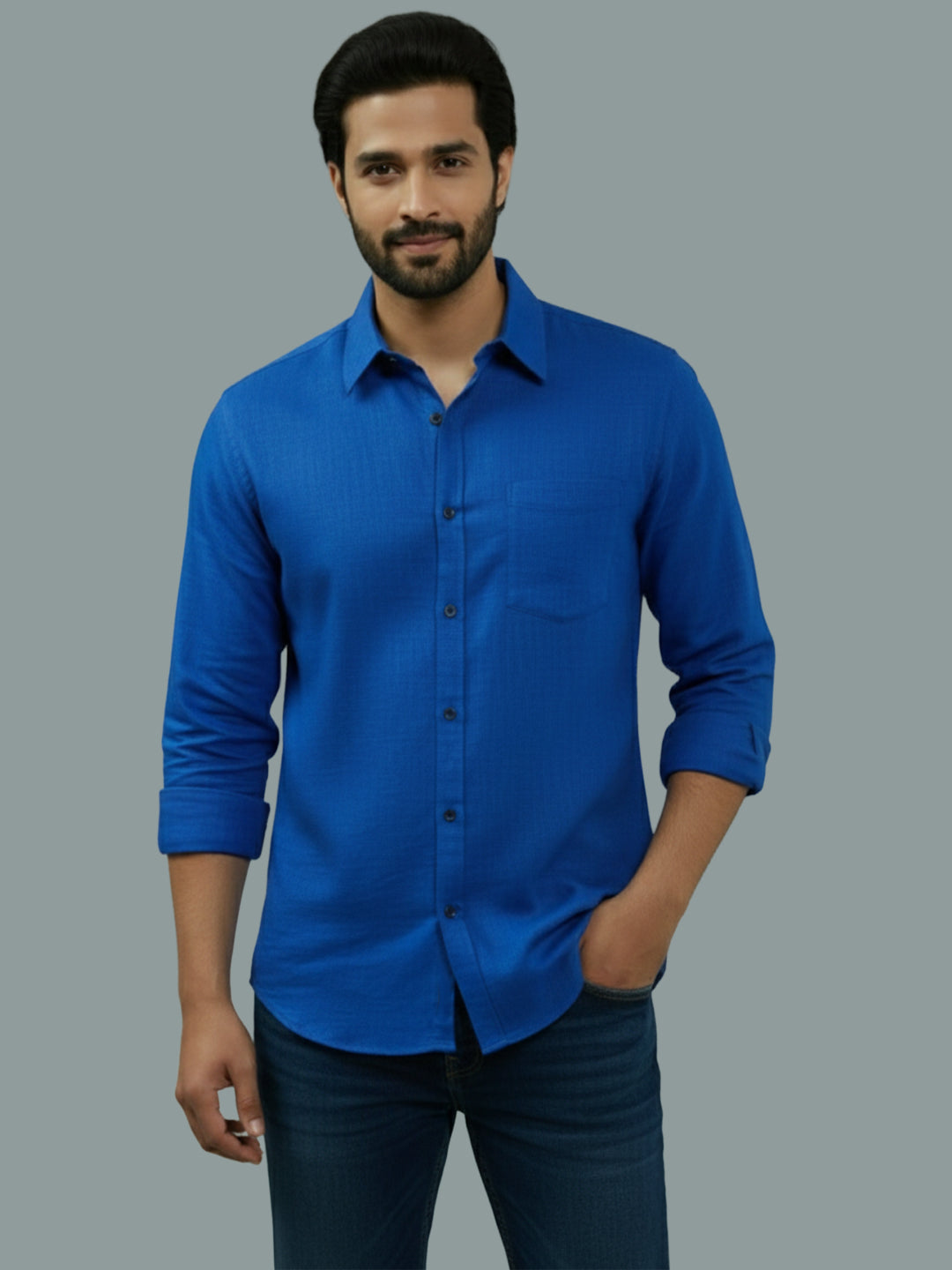 Full Sleeve Spread Collar Cotton Slim Shirt for Men and Boys in Shirt For Men And Green by BLUE ROBED, fabric detail