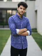 Men's Full Sleeve Spread Collar Cotton Slim Fit Printed Shirt in Red by BLUE ROBED, side view