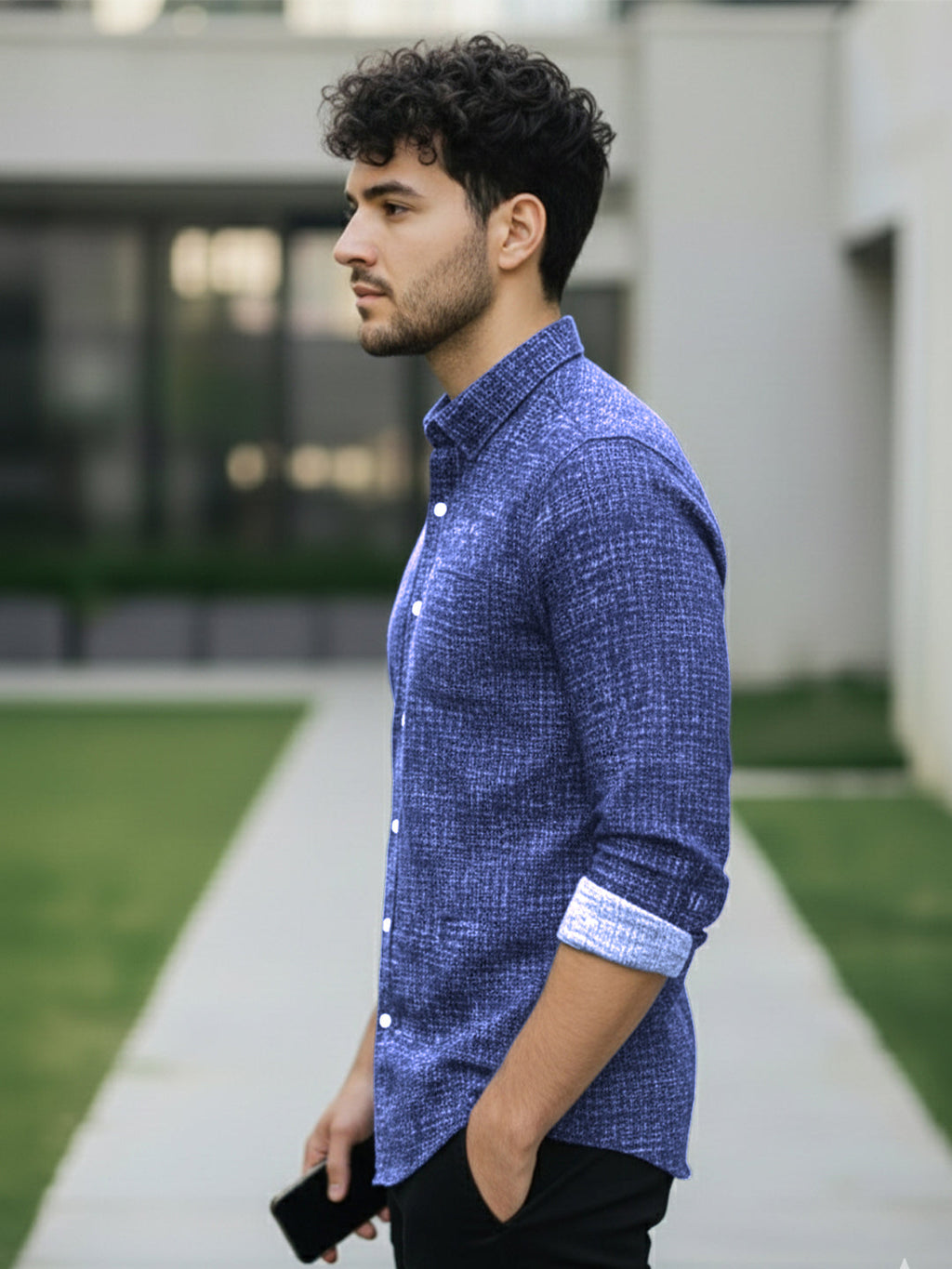 Men's Full Sleeve Spread Collar Cotton Slim Fit Printed Shirt in Red by BLUE ROBED, style view