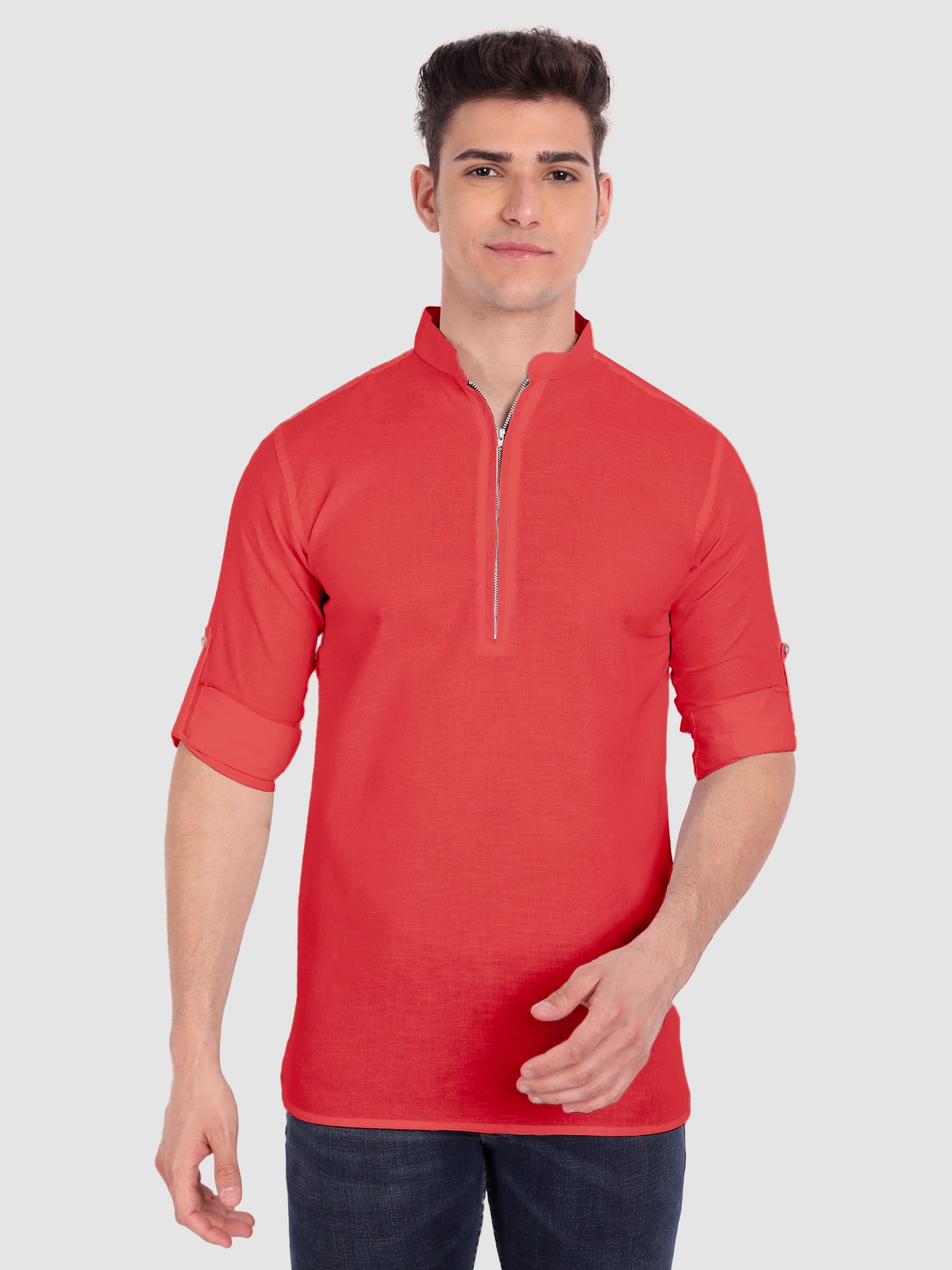 BLUE ROBED men's Casual ZIP Style Full Sleeve Cotton Kurta in Red view 51