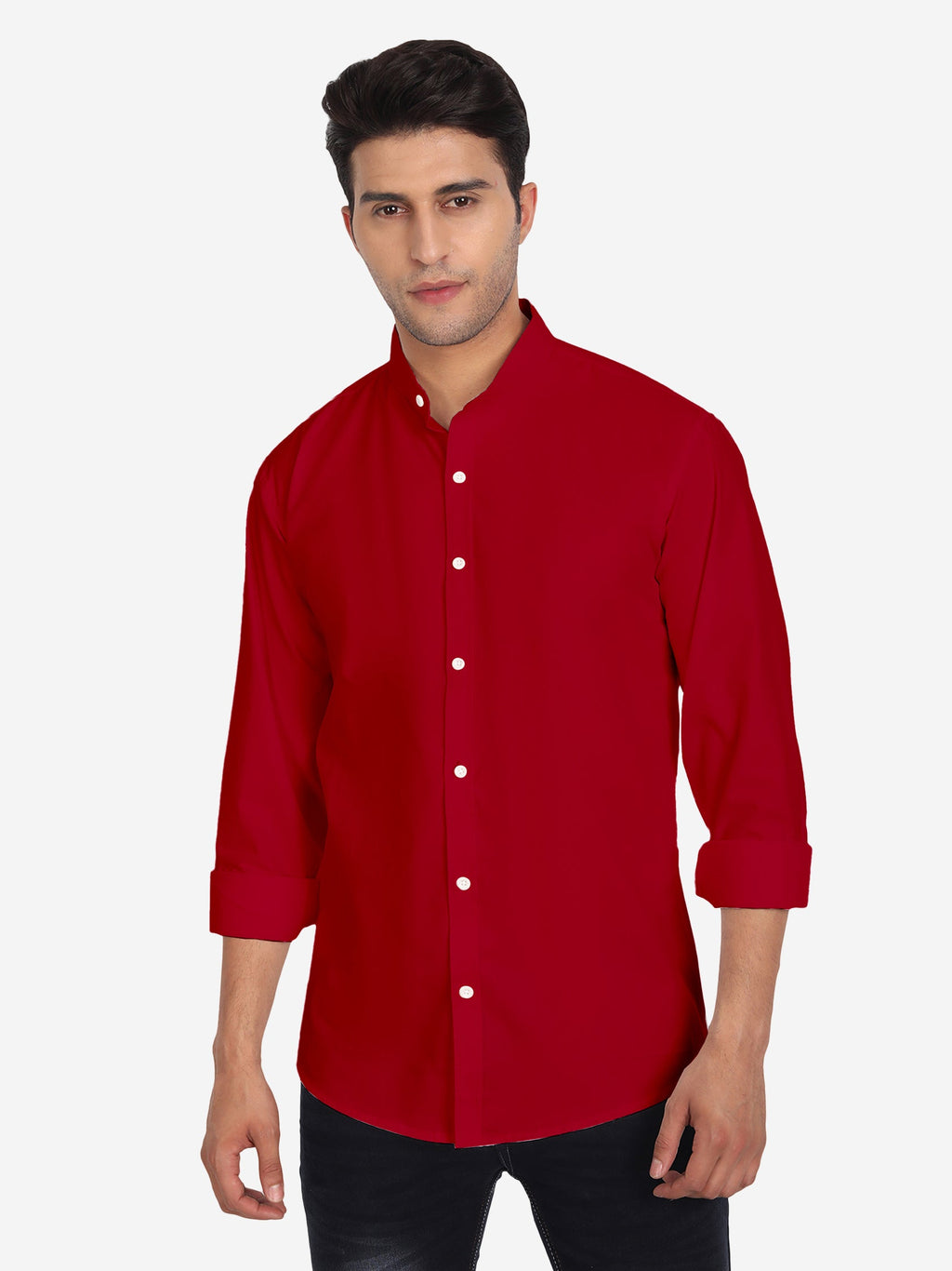 Men's Pure Cotton Mandarin Collar Casual Shirt in White by BLUE ROBED, fit view