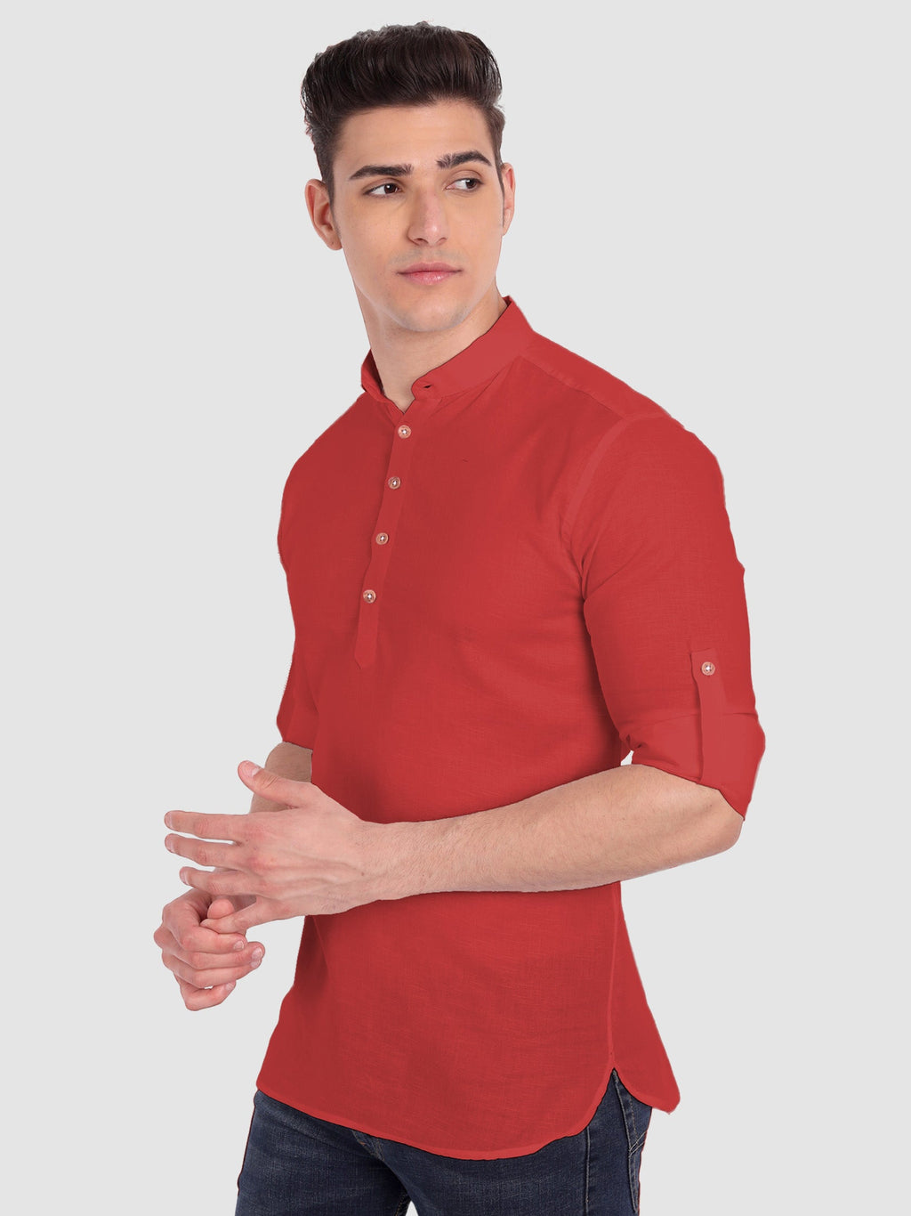 BLUE ROBED men's Casual Slim Fit Full Sleeve Cotton Kurta in Red view 49
