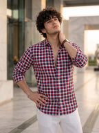 Men’s Pure Cotton Checkered Casual Shirt – Red, Navy & White