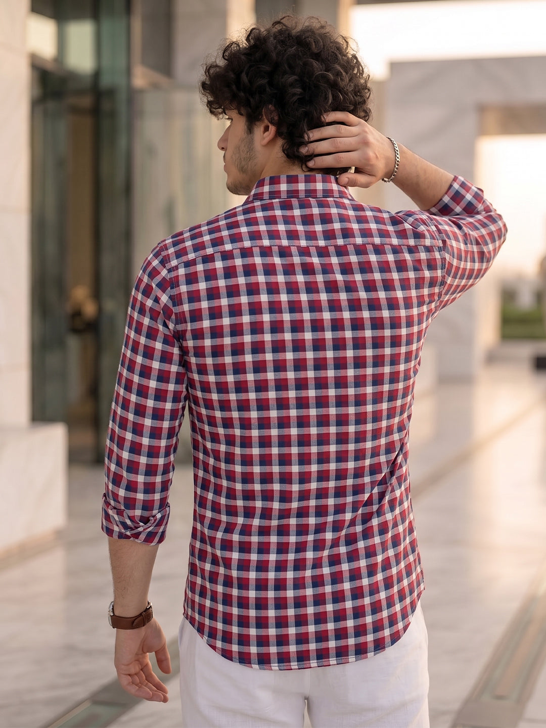 Men’s Pure Cotton Checkered Casual Shirt – Red, Navy & White Secondary image