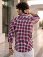 Men’s Pure Cotton Checkered Casual Shirt – Red, Navy & White