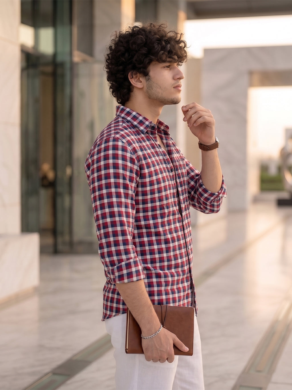 Men’s Pure Cotton Checkered Casual Shirt – Red, Navy & White