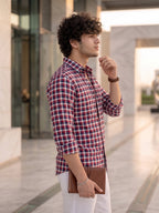 Men’s Pure Cotton Checkered Casual Shirt – Red, Navy & White