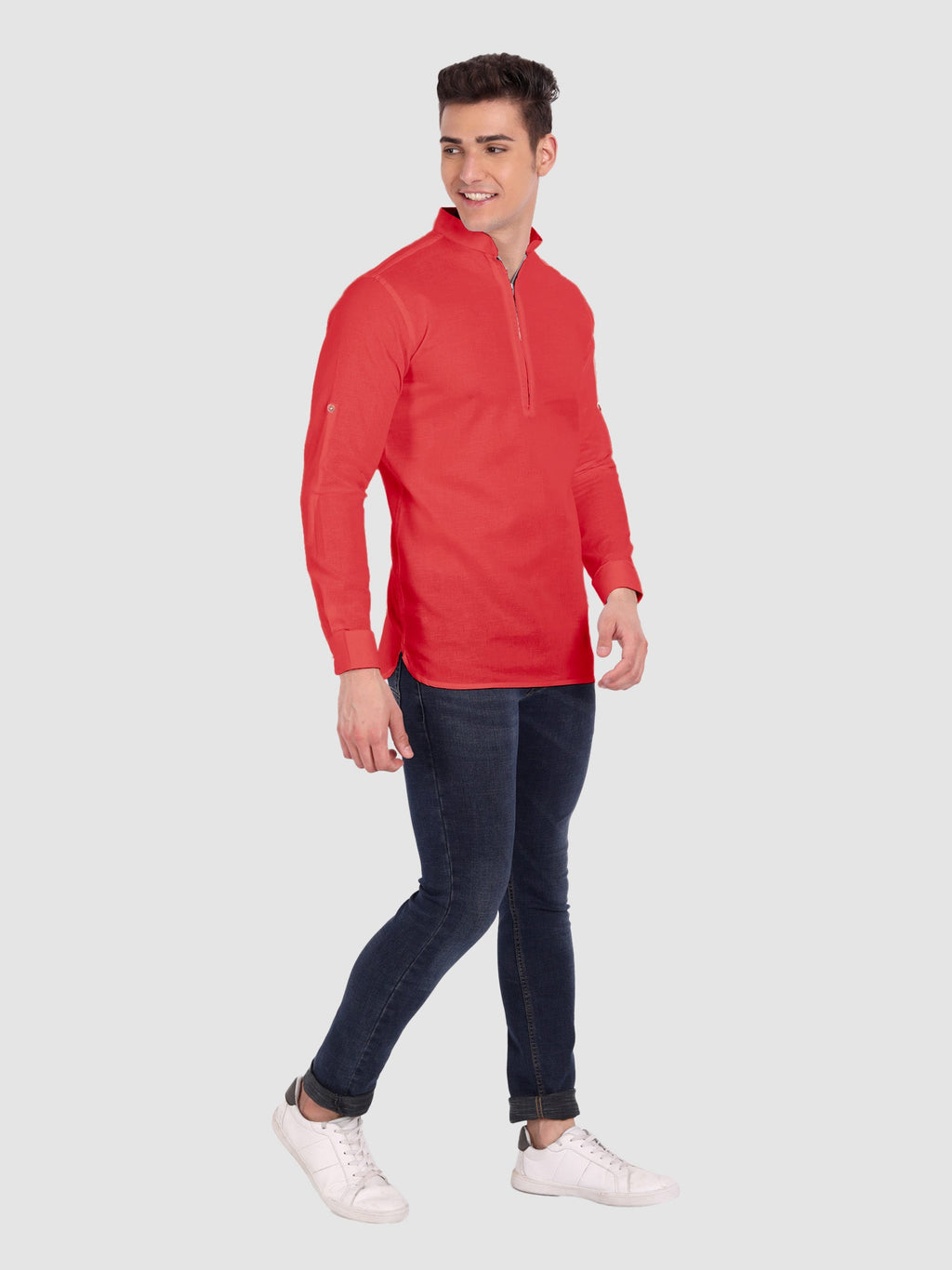 BLUE ROBED men's Casual ZIP Style Full Sleeve Cotton Kurta in Red view 55