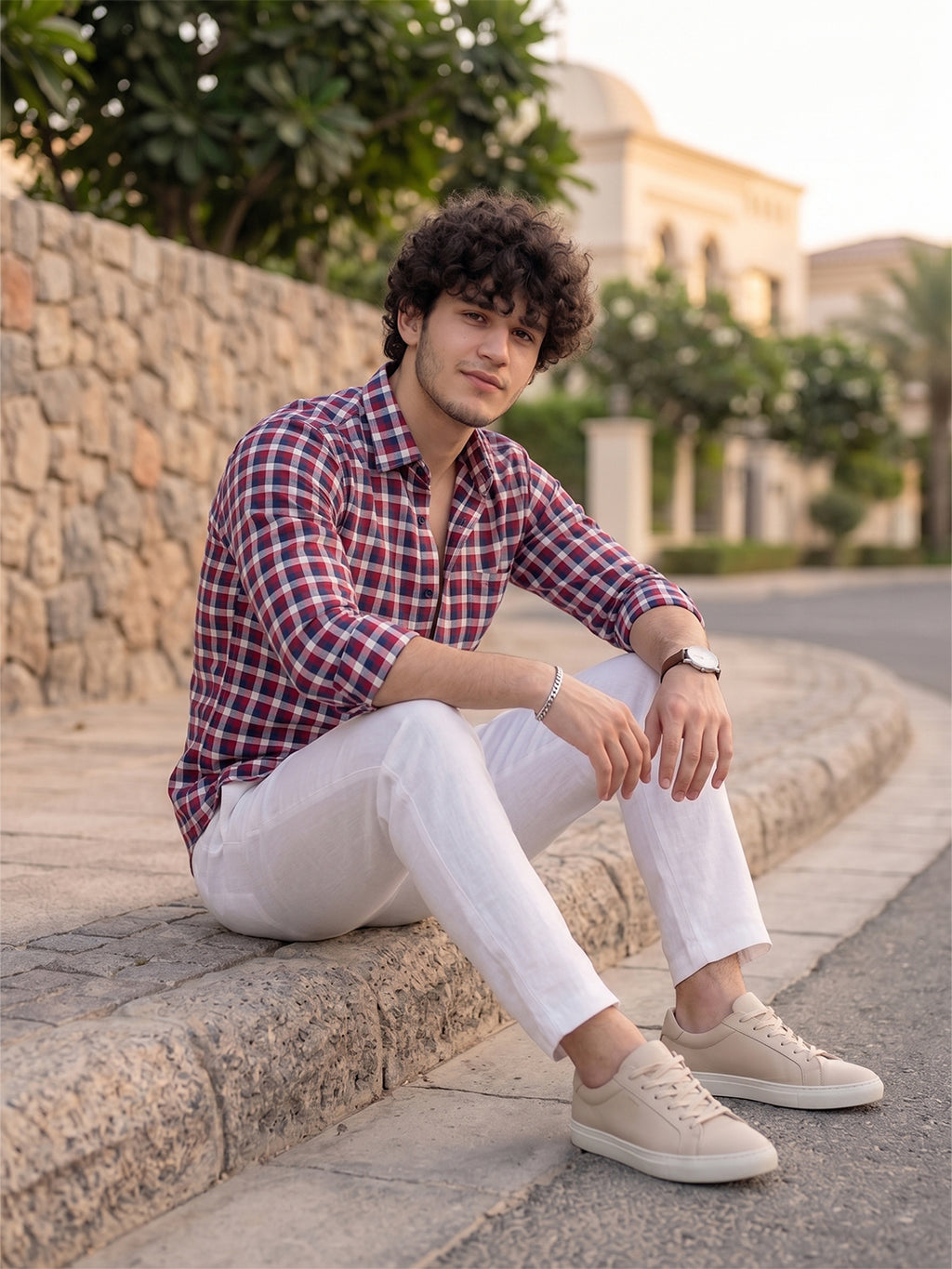 Men’s Pure Cotton Checkered Casual Shirt – Red, Navy & White