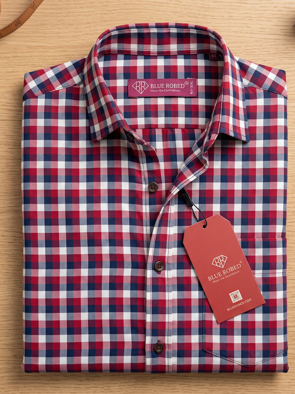 Men’s Pure Cotton Checkered Casual Shirt – Red, Navy & White