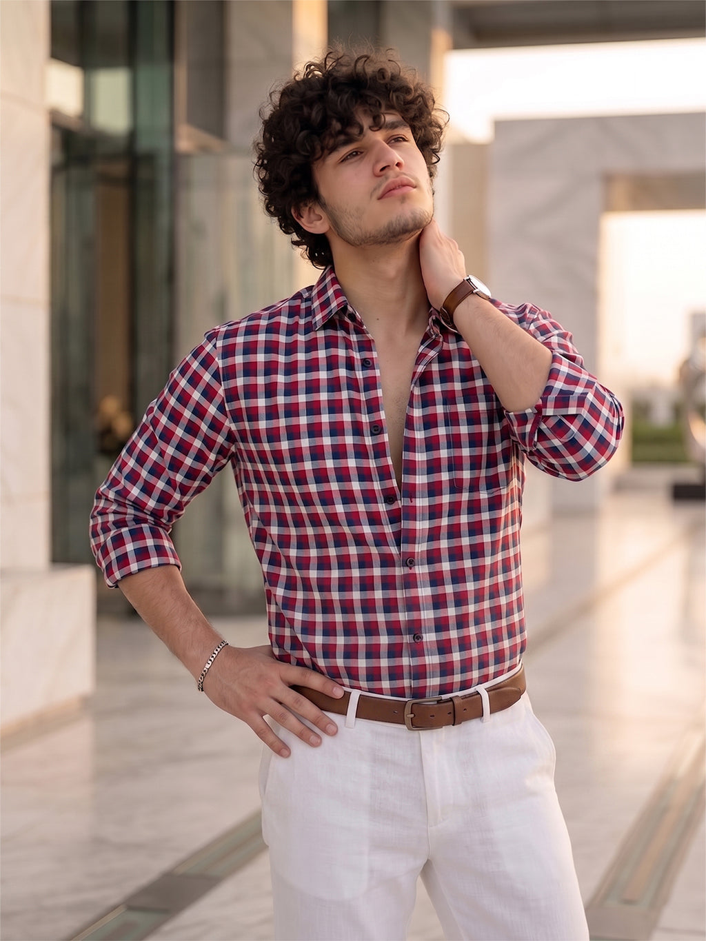 Men’s Pure Cotton Checkered Casual Shirt – Red, Navy & White