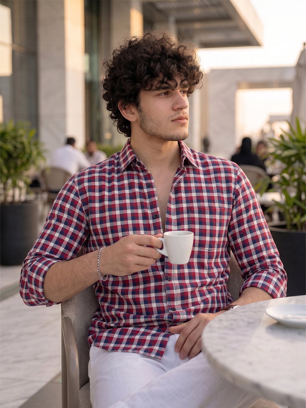 Men’s Pure Cotton Checkered Casual Shirt – Red, Navy & White