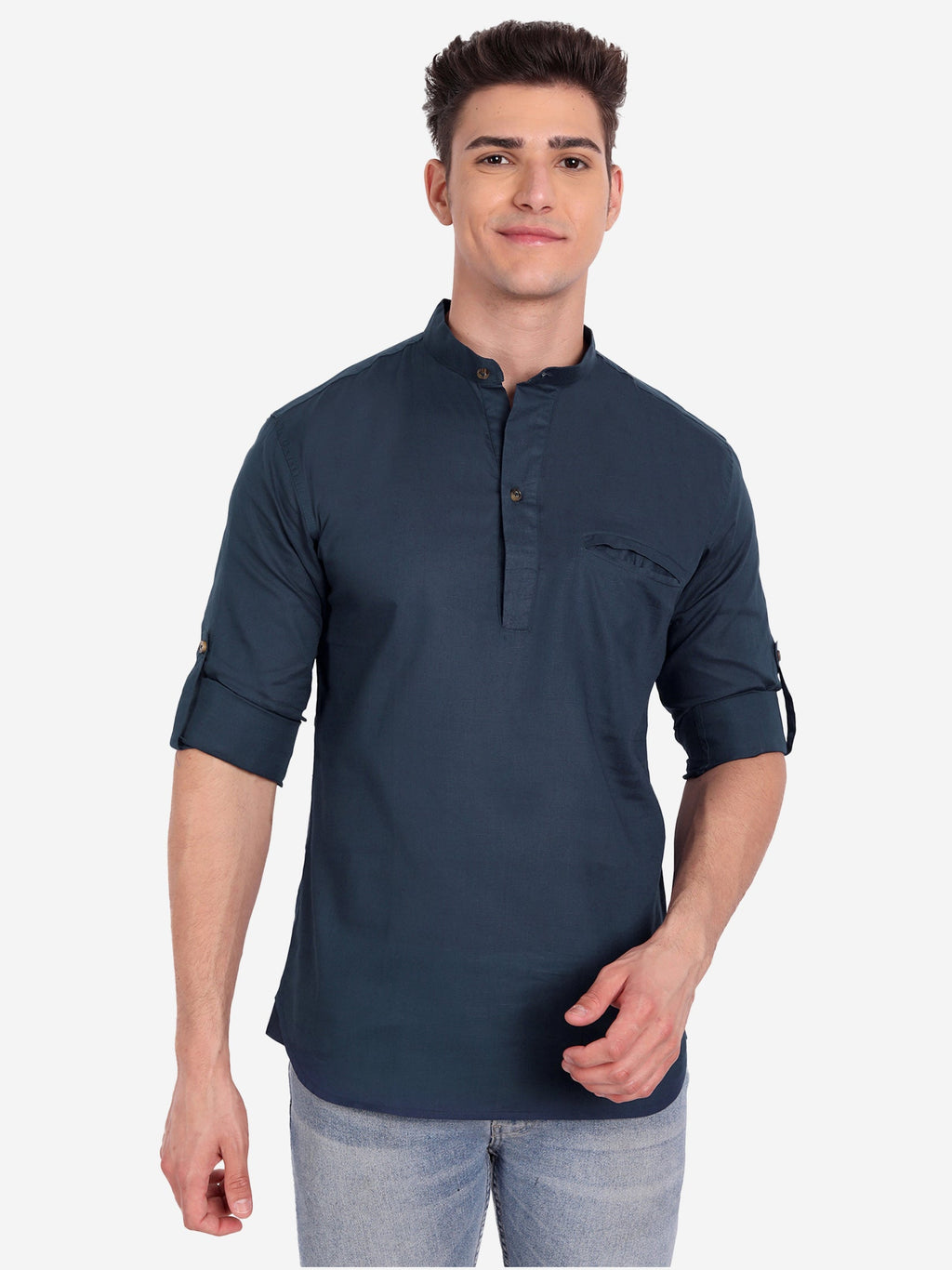 BLUE ROBED Men Pure Cotton Broad Placket Short Kurta in Roayl Blue