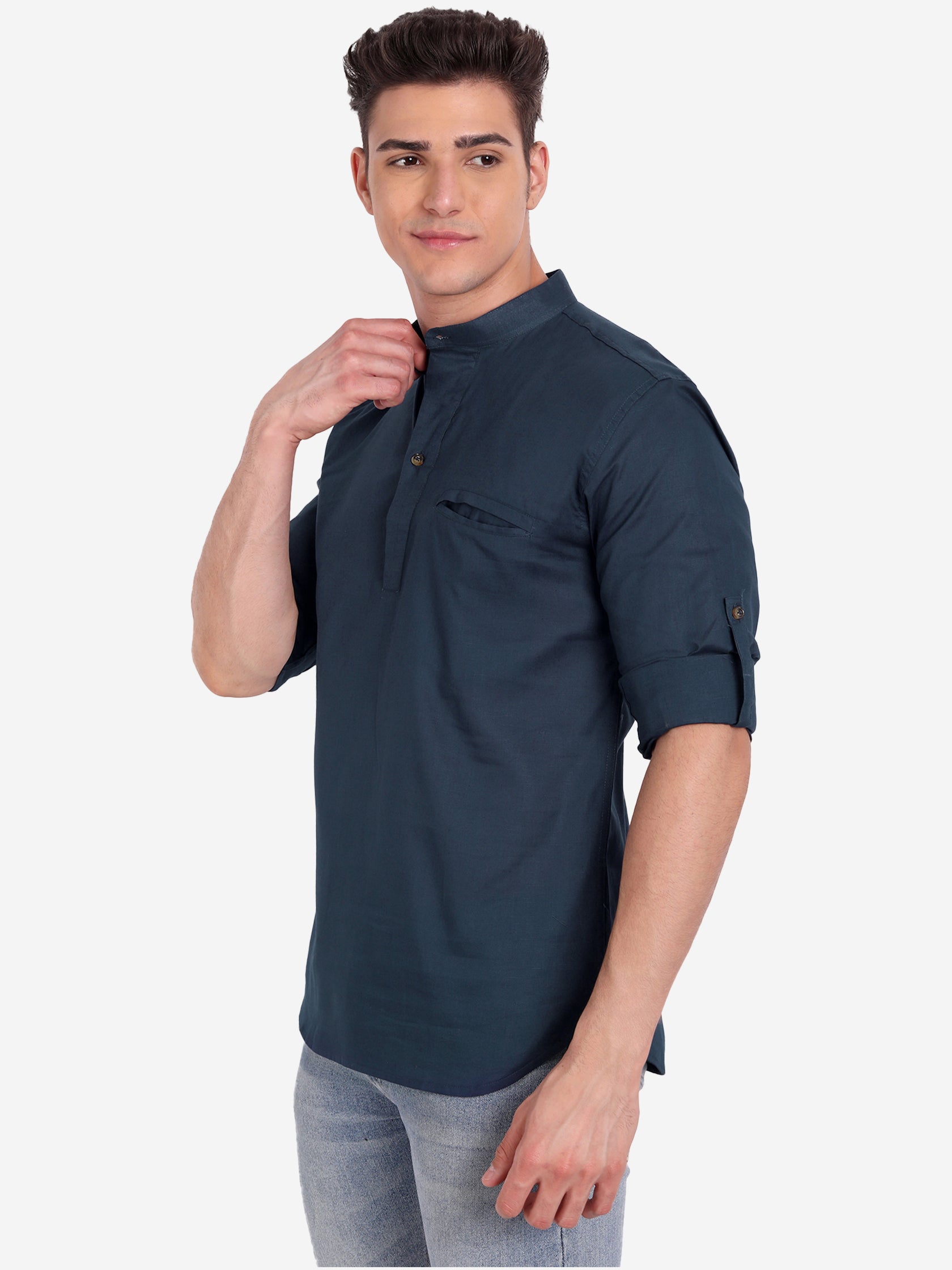 BLUE ROBED Men Pure Cotton Broad Placket Short Kurta in Roayl Blue view 2