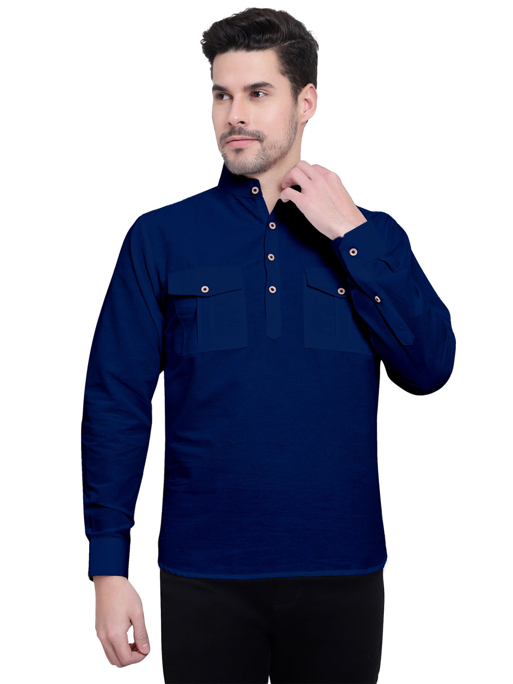 BLUE ROBED men's Casual Slim Fit Full Sleeve Double Pocket Cotton Trendy Kurta in Royal view 57